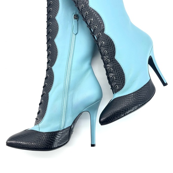 Gucci Harriet Thigh High Snake Emboss Dusty Azure Pointed Toe Heeled Boots 38 - Picture 8 of 11